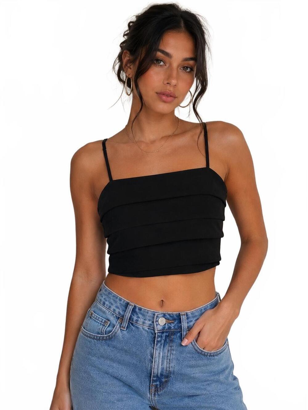 Forever 21 Black Layered Crop Top Adjustable Straps Size M